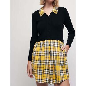 Maje Yellow Tartan Trompe L’Oeil Sweater Dress 6 Mini Plaid Grunge Collared EUC